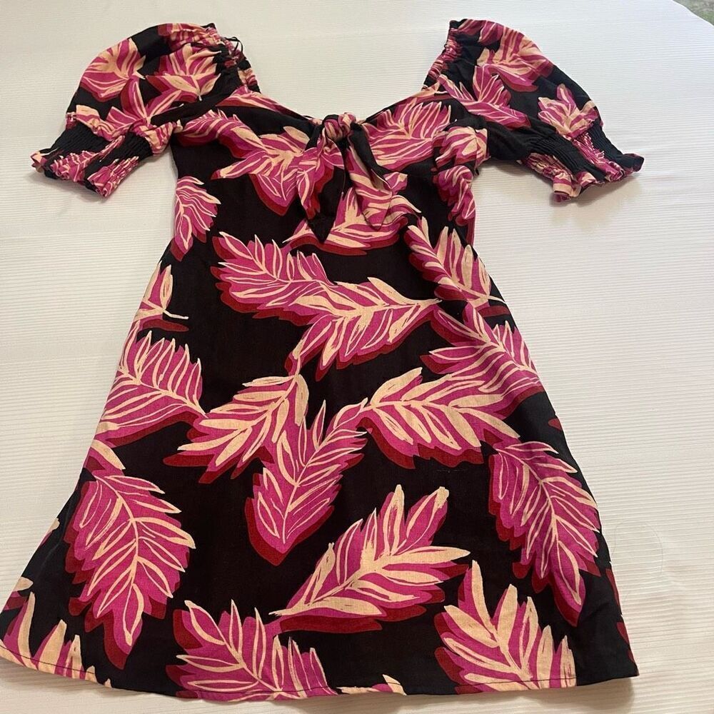 Who What Wear Pink Tropical Linen Puff Sleeve Dress Size Medium